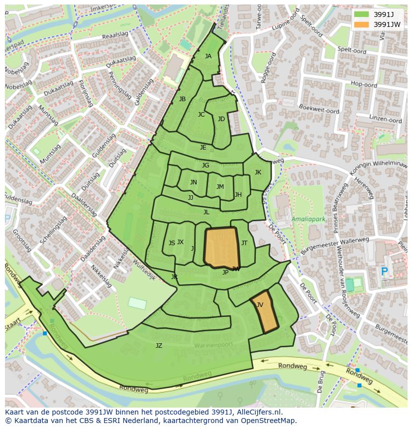 Afbeelding van het postcodegebied 3991 JW op de kaart.