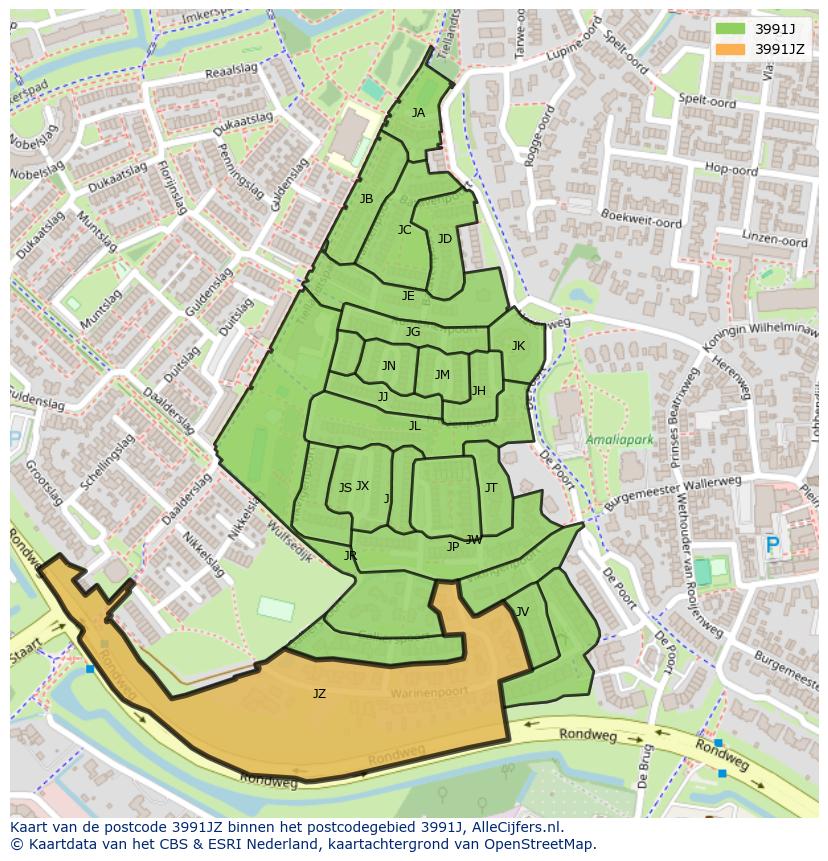 Afbeelding van het postcodegebied 3991 JZ op de kaart.