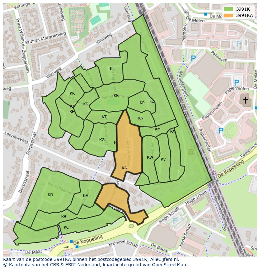 Afbeelding van het postcodegebied 3991 KA op de kaart.