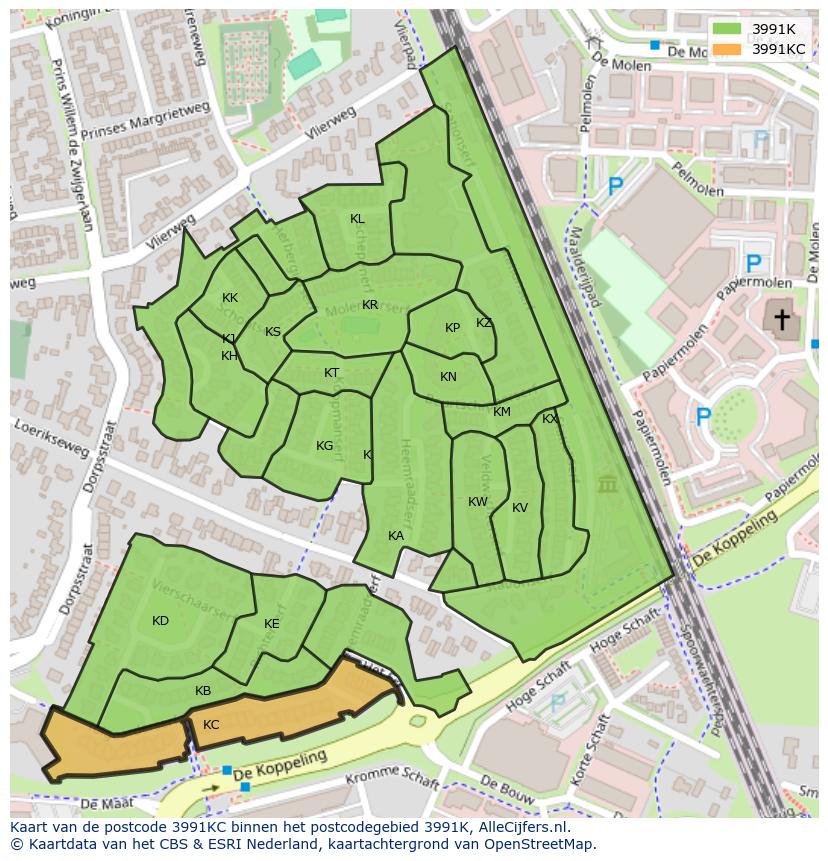 Afbeelding van het postcodegebied 3991 KC op de kaart.