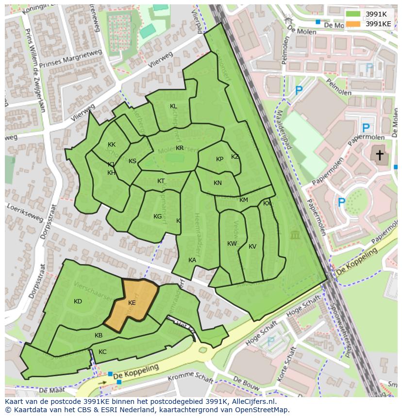 Afbeelding van het postcodegebied 3991 KE op de kaart.