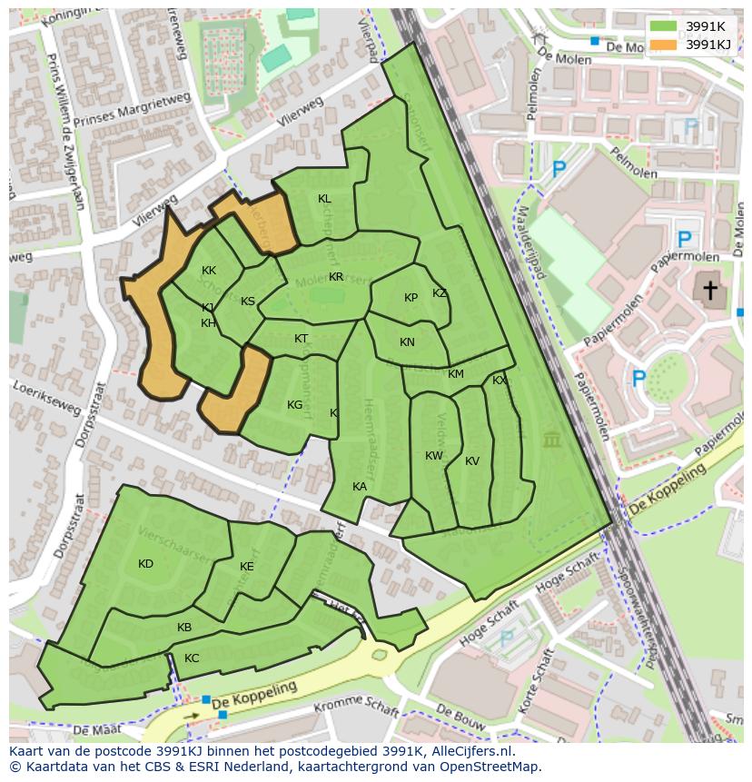Afbeelding van het postcodegebied 3991 KJ op de kaart.