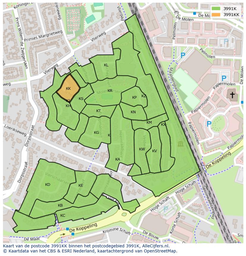 Afbeelding van het postcodegebied 3991 KK op de kaart.