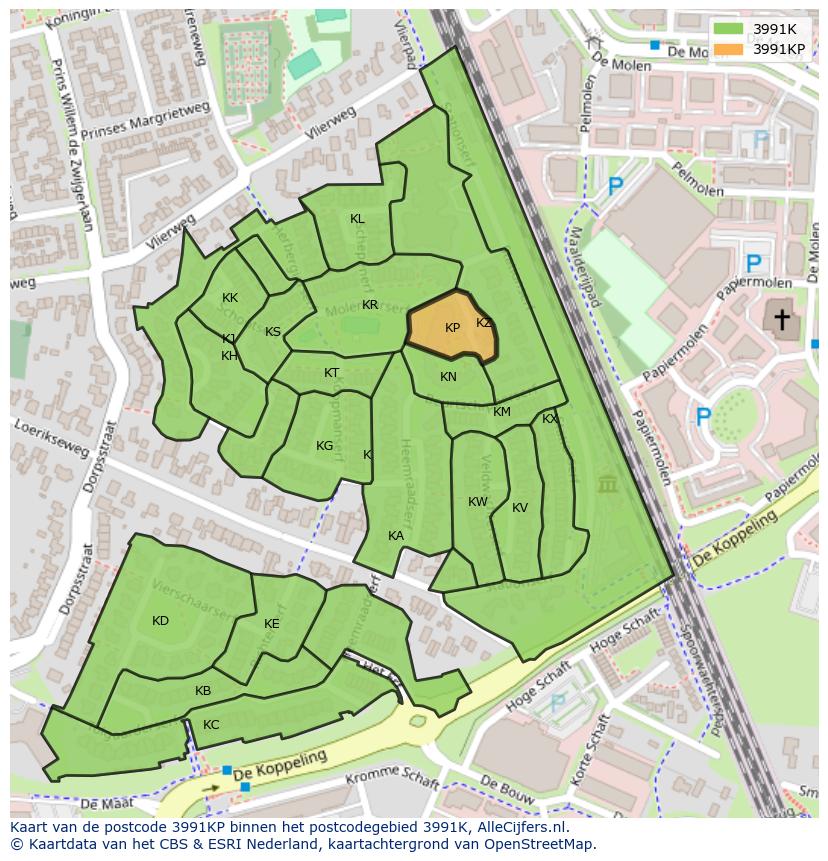 Afbeelding van het postcodegebied 3991 KP op de kaart.