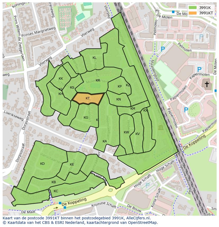 Afbeelding van het postcodegebied 3991 KT op de kaart.