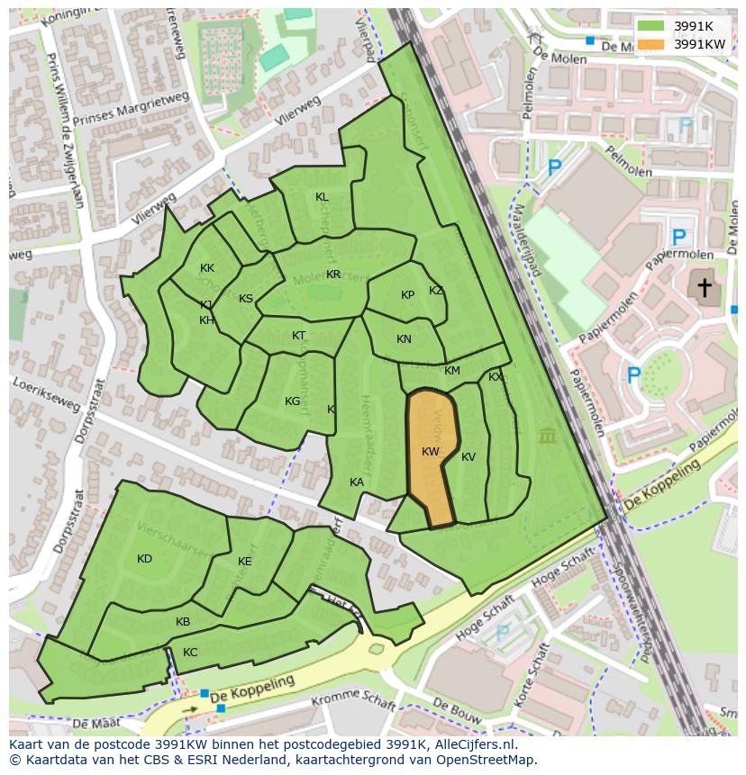 Afbeelding van het postcodegebied 3991 KW op de kaart.