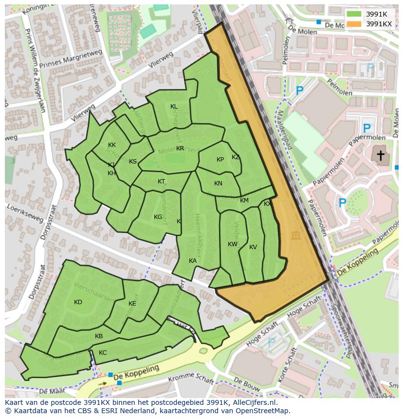 Afbeelding van het postcodegebied 3991 KX op de kaart.