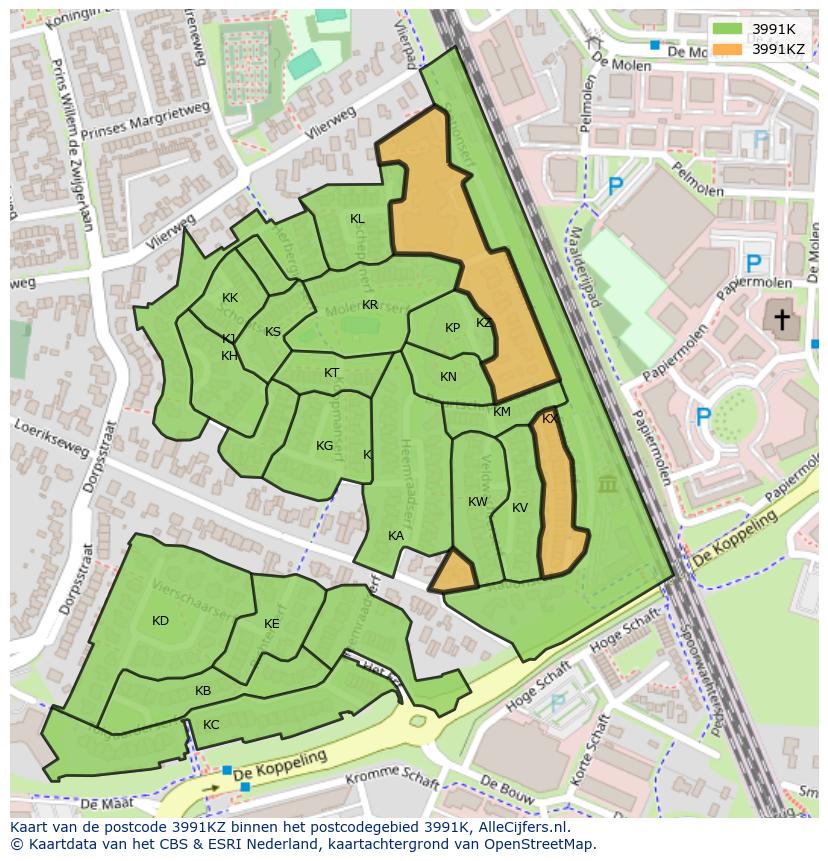 Afbeelding van het postcodegebied 3991 KZ op de kaart.
