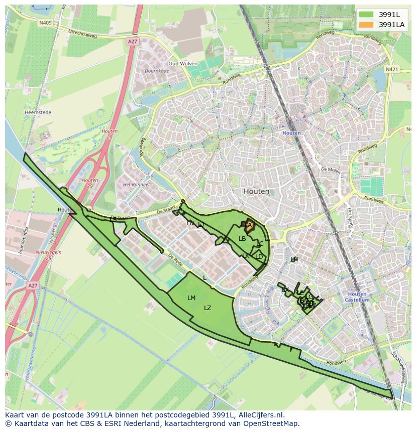 Afbeelding van het postcodegebied 3991 LA op de kaart.