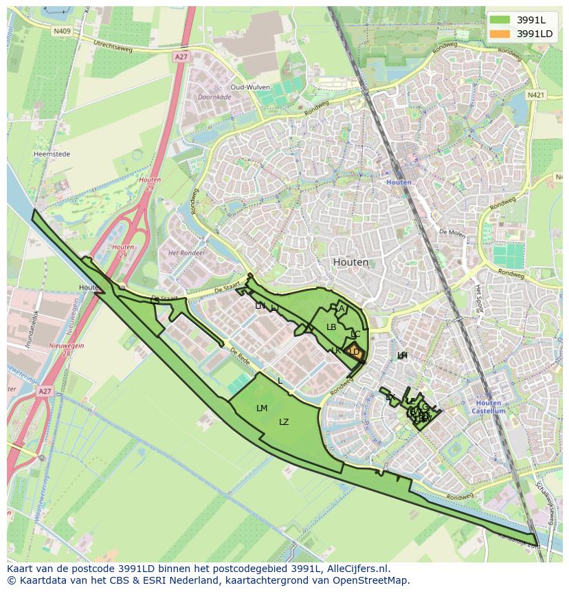 Afbeelding van het postcodegebied 3991 LD op de kaart.