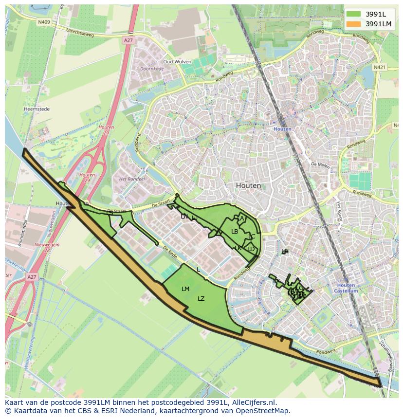 Afbeelding van het postcodegebied 3991 LM op de kaart.