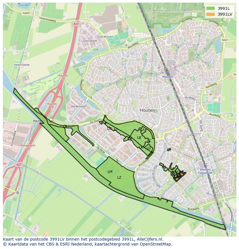 Afbeelding van het postcodegebied 3991 LV op de kaart.
