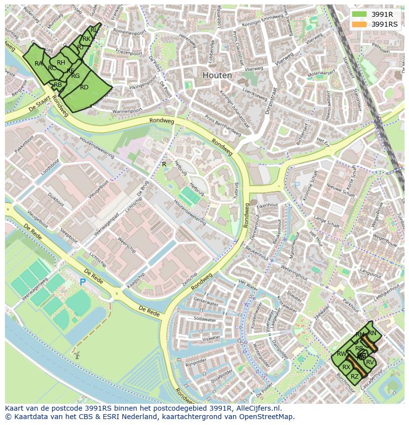 Afbeelding van het postcodegebied 3991 RS op de kaart.