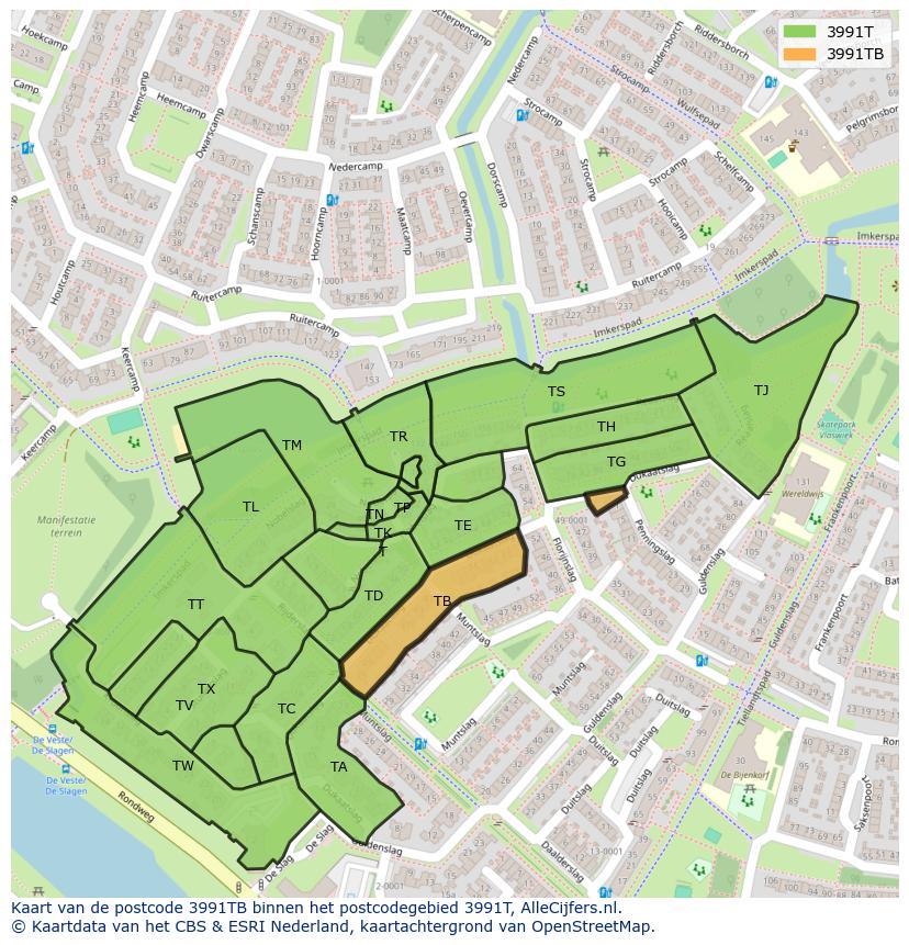 Afbeelding van het postcodegebied 3991 TB op de kaart.