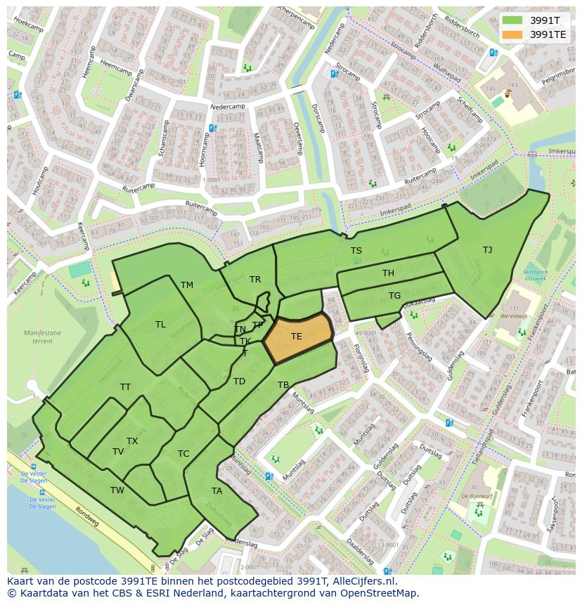 Afbeelding van het postcodegebied 3991 TE op de kaart.
