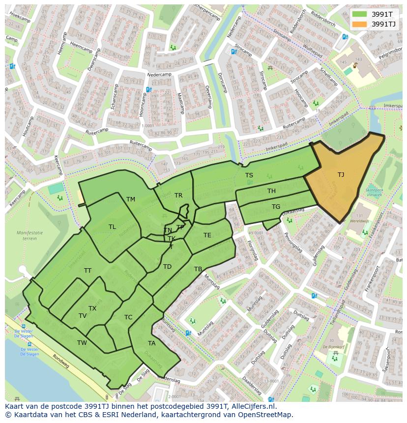 Afbeelding van het postcodegebied 3991 TJ op de kaart.