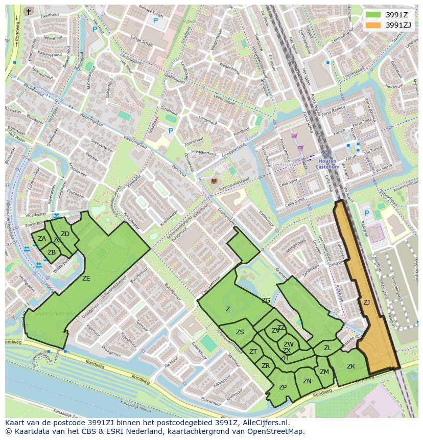 Afbeelding van het postcodegebied 3991 ZJ op de kaart.