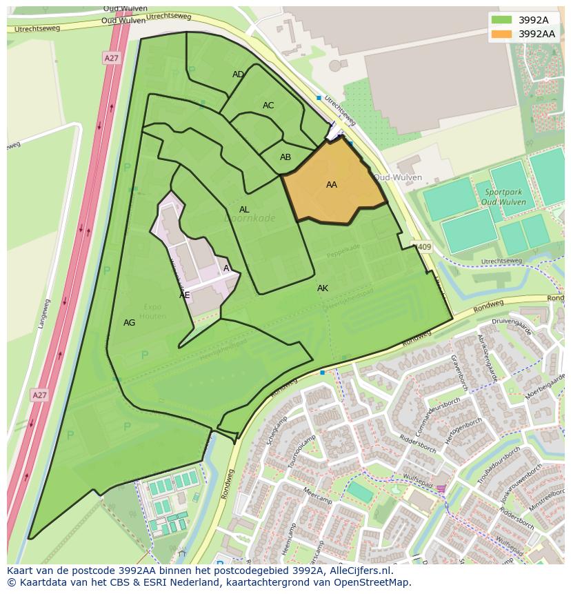 Afbeelding van het postcodegebied 3992 AA op de kaart.