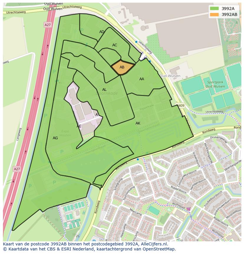 Afbeelding van het postcodegebied 3992 AB op de kaart.