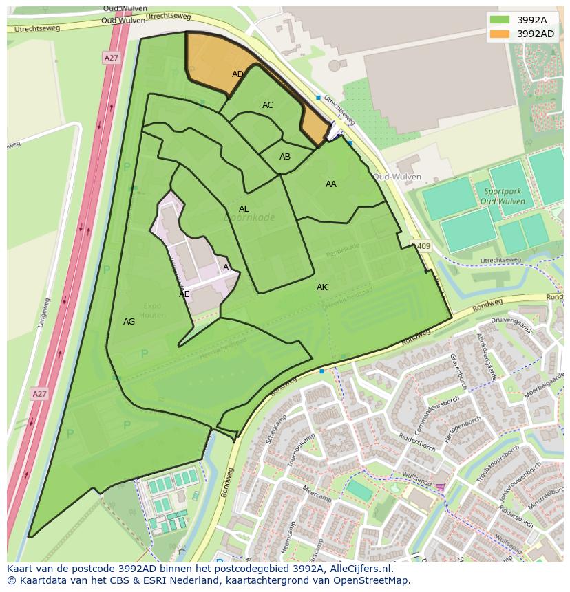 Afbeelding van het postcodegebied 3992 AD op de kaart.