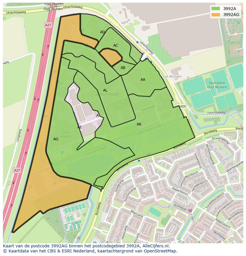 Afbeelding van het postcodegebied 3992 AG op de kaart.