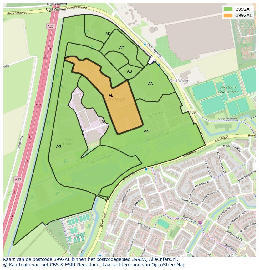 Afbeelding van het postcodegebied 3992 AL op de kaart.