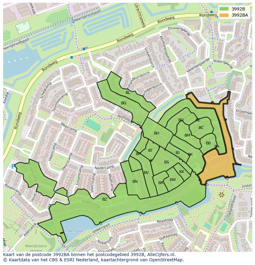 Afbeelding van het postcodegebied 3992 BA op de kaart.