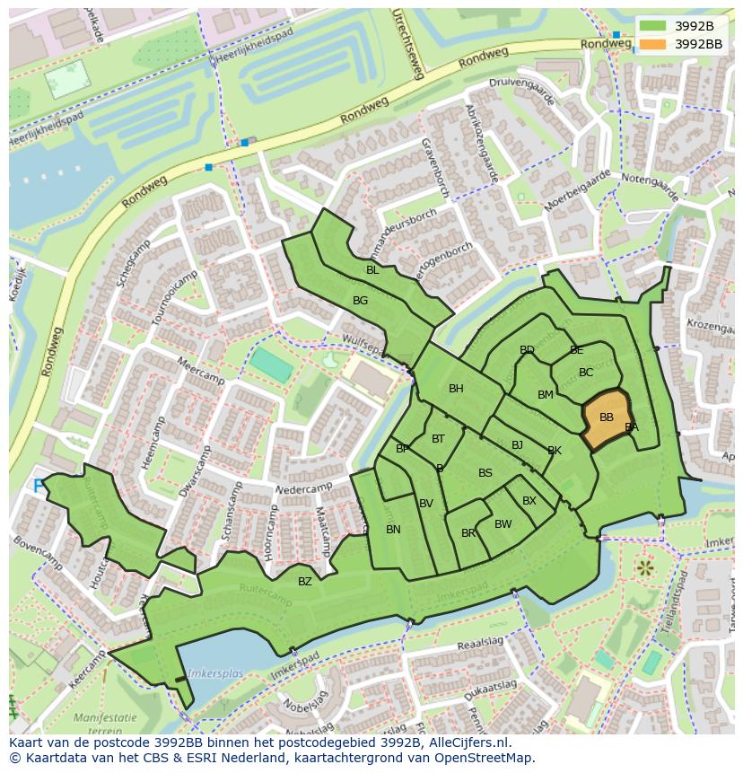 Afbeelding van het postcodegebied 3992 BB op de kaart.