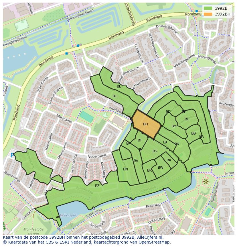 Afbeelding van het postcodegebied 3992 BH op de kaart.