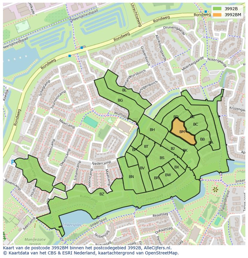 Afbeelding van het postcodegebied 3992 BM op de kaart.