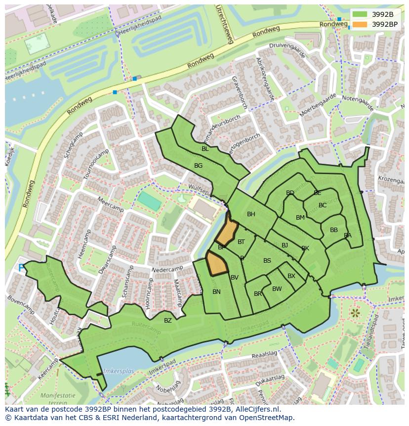 Afbeelding van het postcodegebied 3992 BP op de kaart.