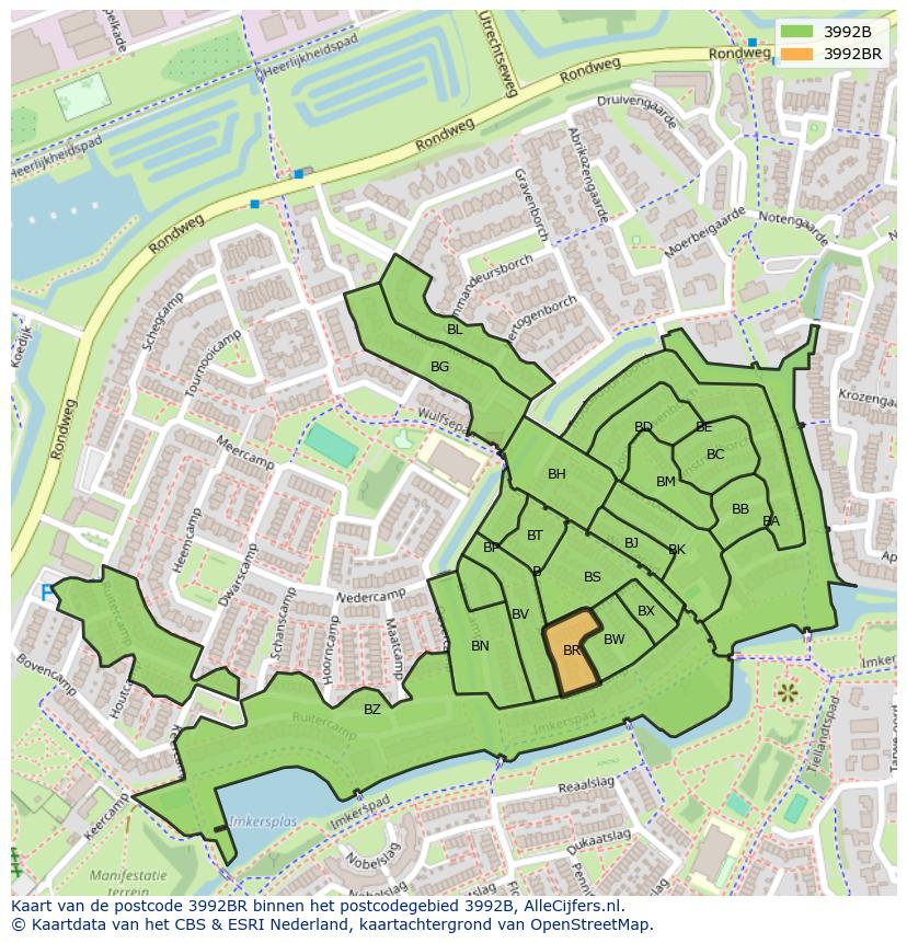 Afbeelding van het postcodegebied 3992 BR op de kaart.
