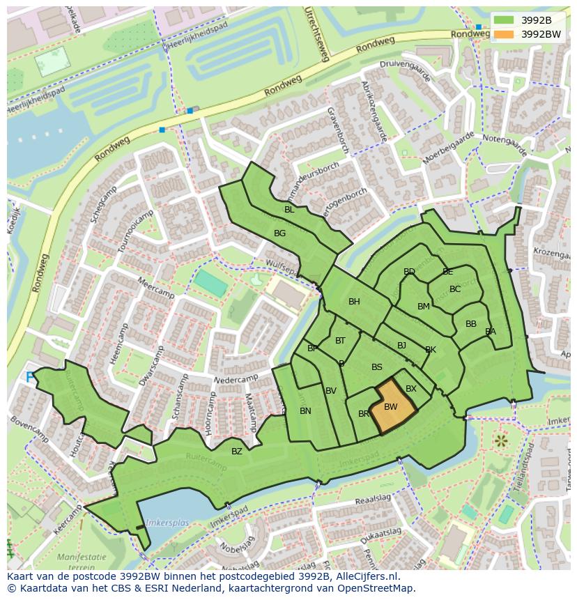 Afbeelding van het postcodegebied 3992 BW op de kaart.