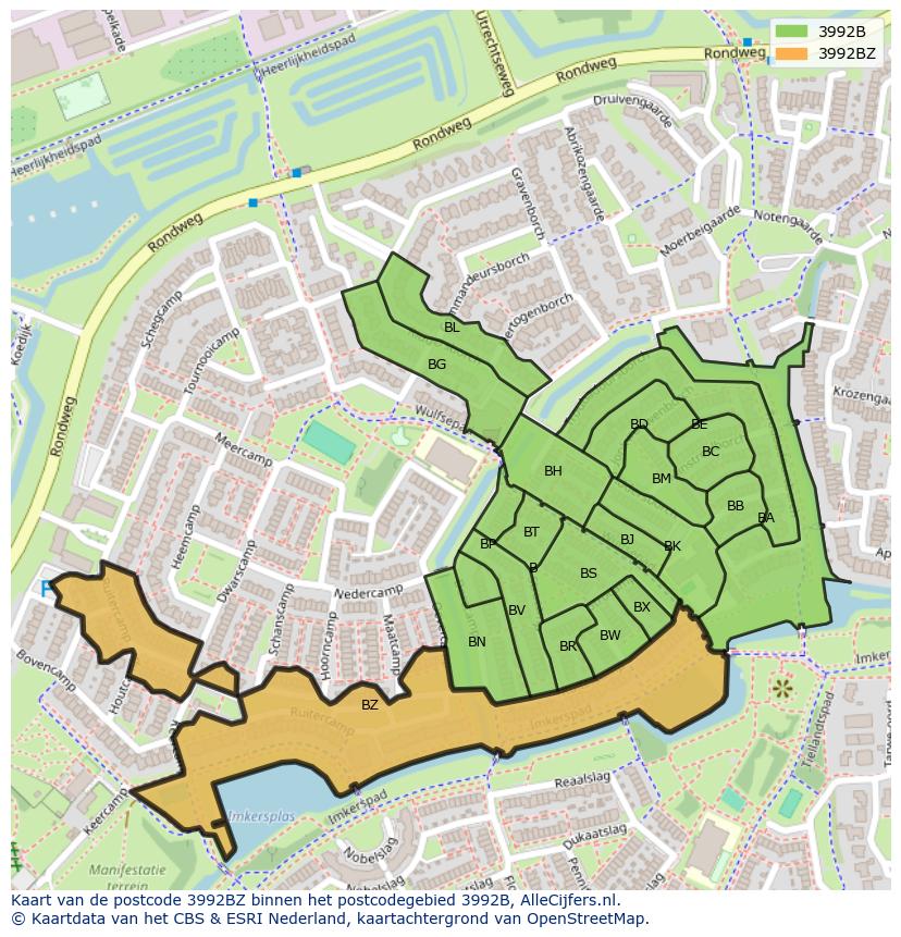Afbeelding van het postcodegebied 3992 BZ op de kaart.