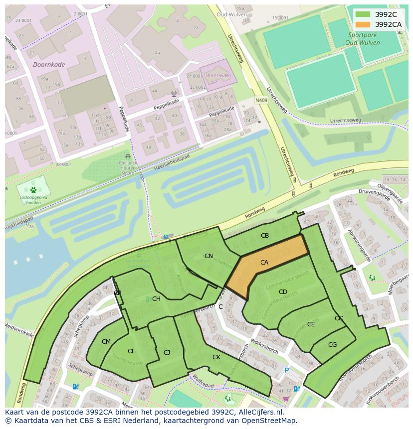 Afbeelding van het postcodegebied 3992 CA op de kaart.