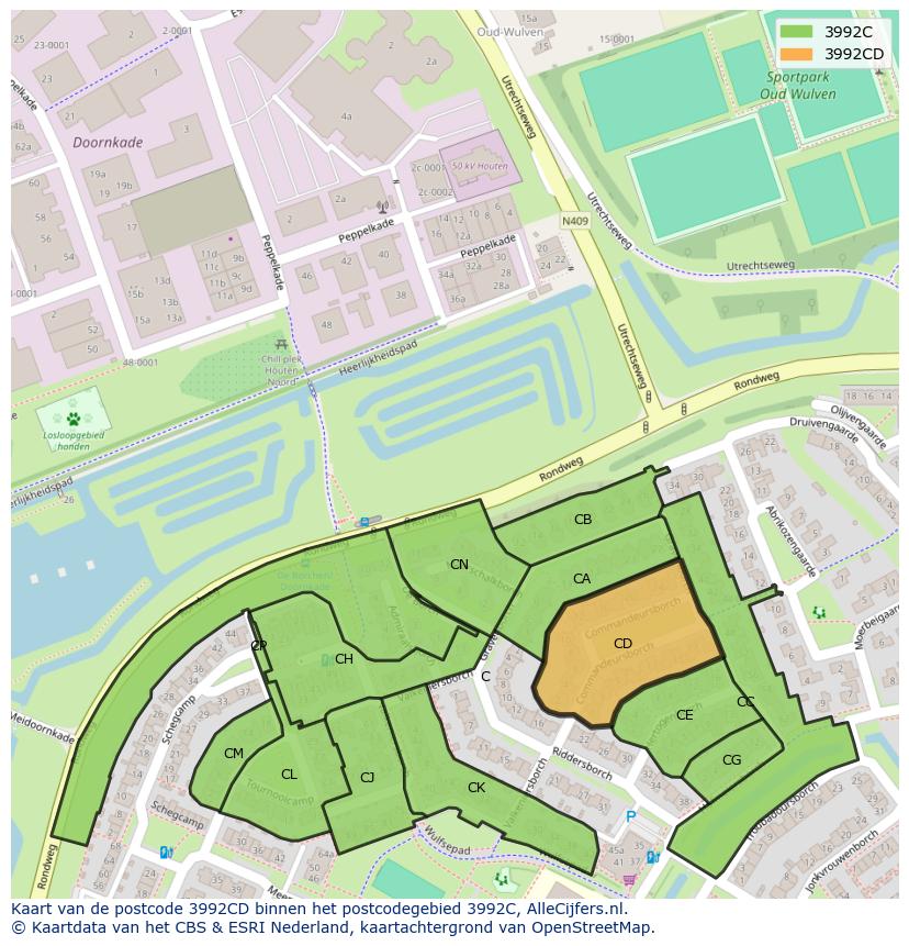 Afbeelding van het postcodegebied 3992 CD op de kaart.