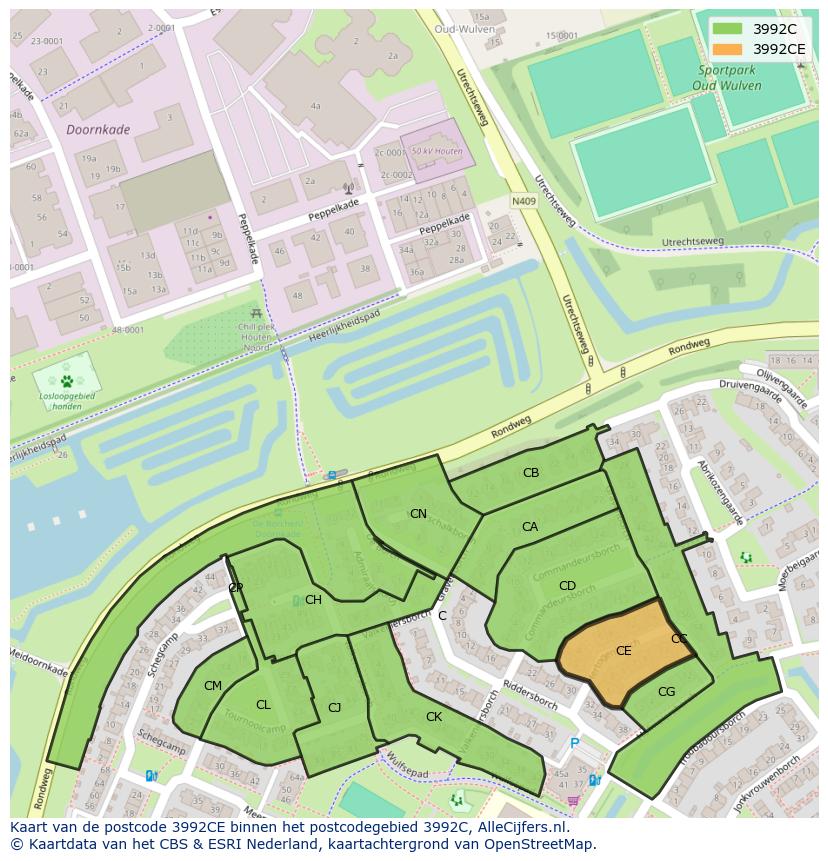 Afbeelding van het postcodegebied 3992 CE op de kaart.