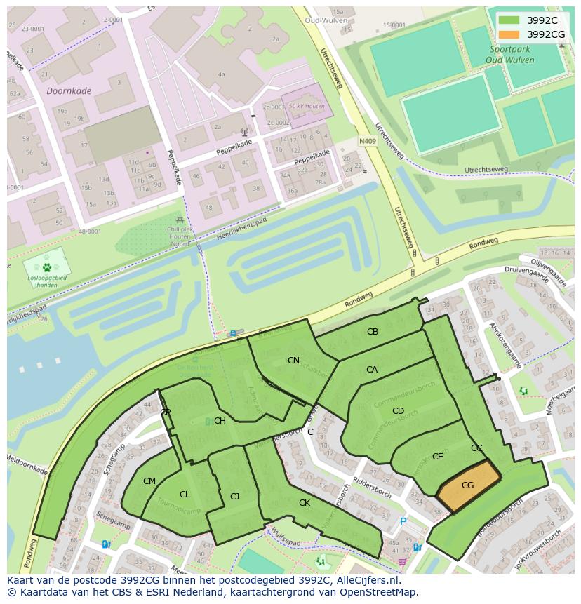 Afbeelding van het postcodegebied 3992 CG op de kaart.