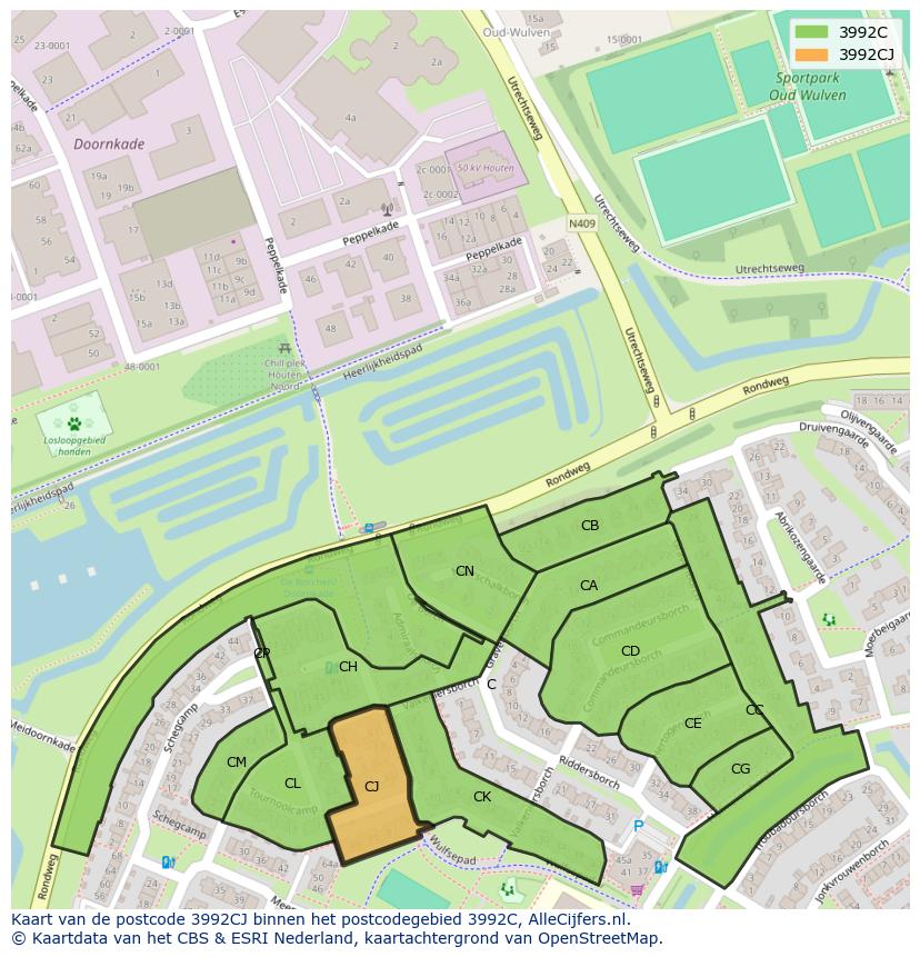 Afbeelding van het postcodegebied 3992 CJ op de kaart.