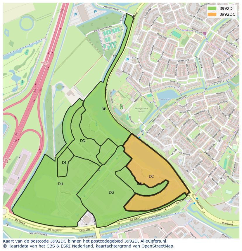 Afbeelding van het postcodegebied 3992 DC op de kaart.