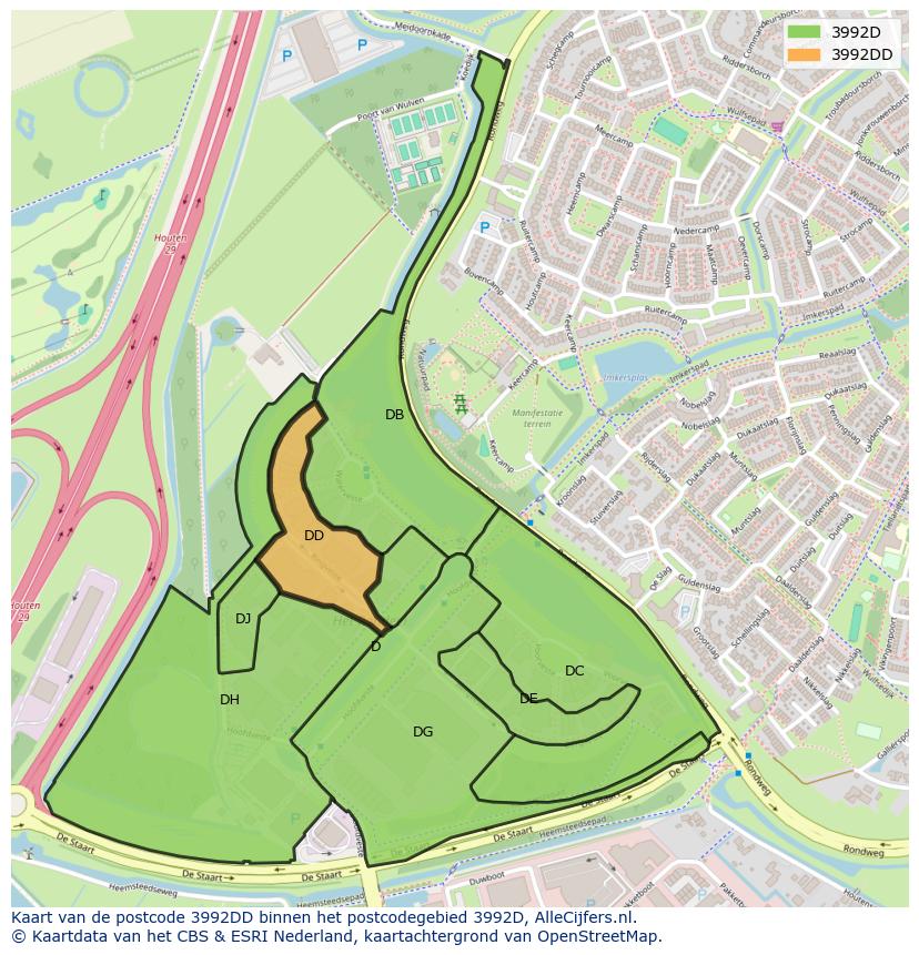 Afbeelding van het postcodegebied 3992 DD op de kaart.