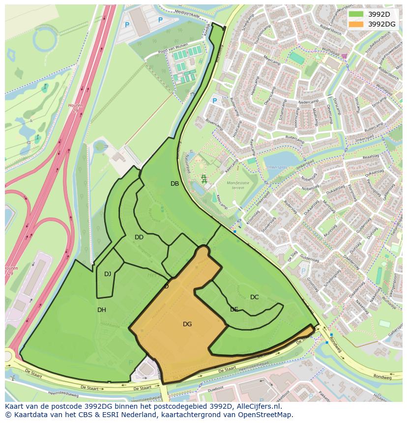 Afbeelding van het postcodegebied 3992 DG op de kaart.