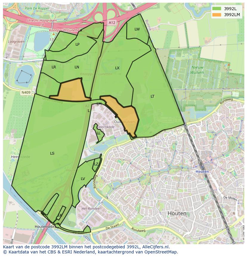 Afbeelding van het postcodegebied 3992 LM op de kaart.
