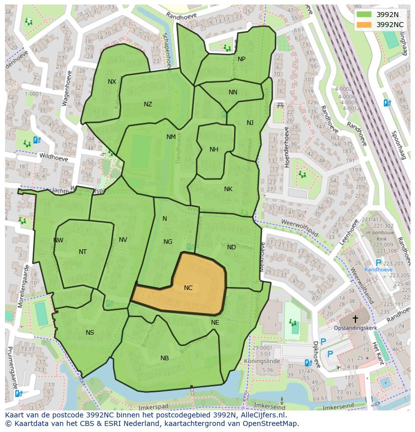 Afbeelding van het postcodegebied 3992 NC op de kaart.