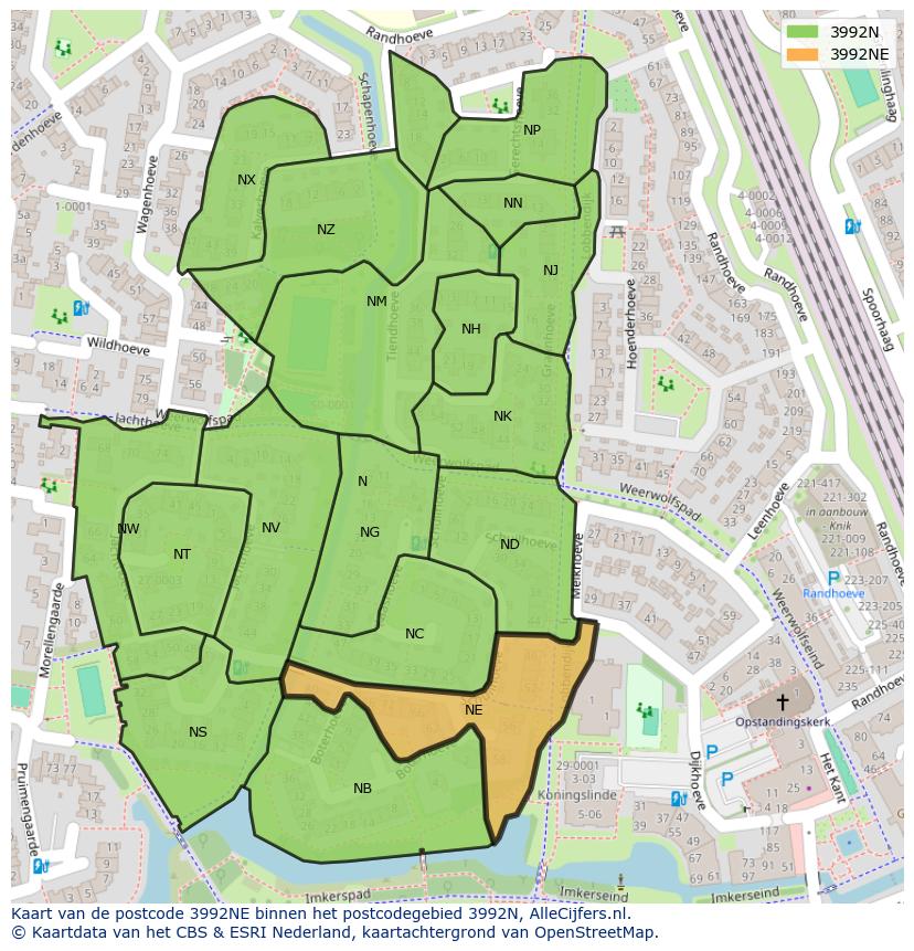 Afbeelding van het postcodegebied 3992 NE op de kaart.