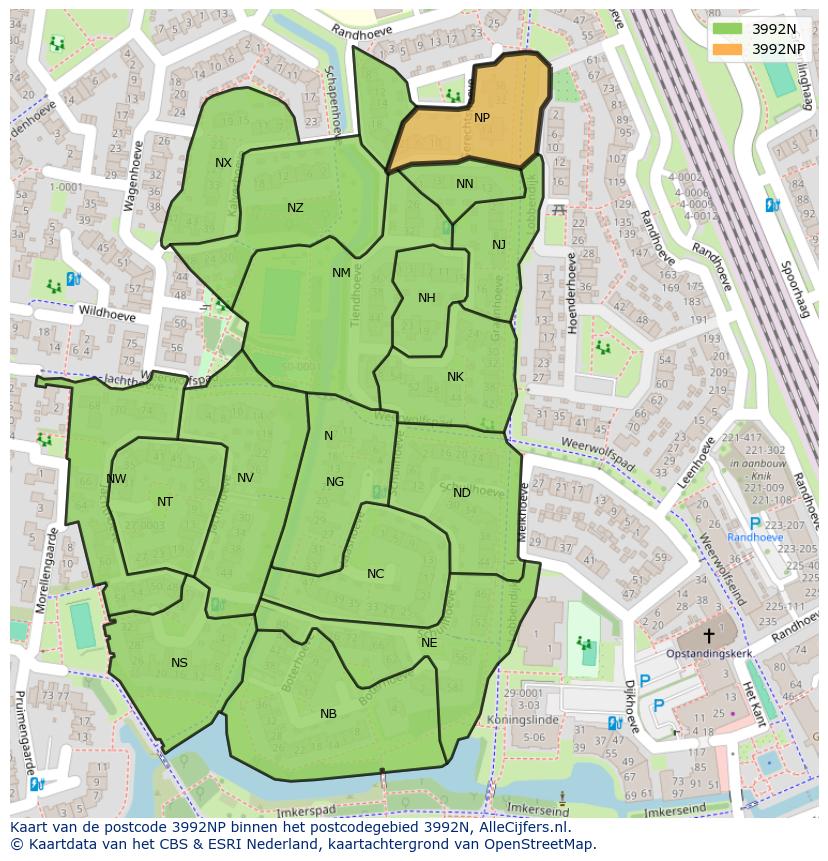 Afbeelding van het postcodegebied 3992 NP op de kaart.