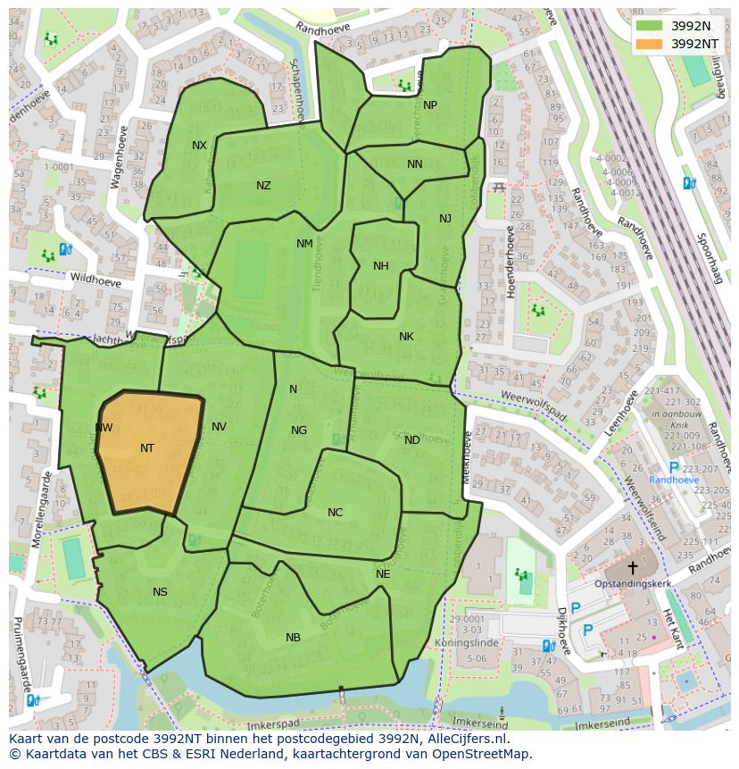 Afbeelding van het postcodegebied 3992 NT op de kaart.
