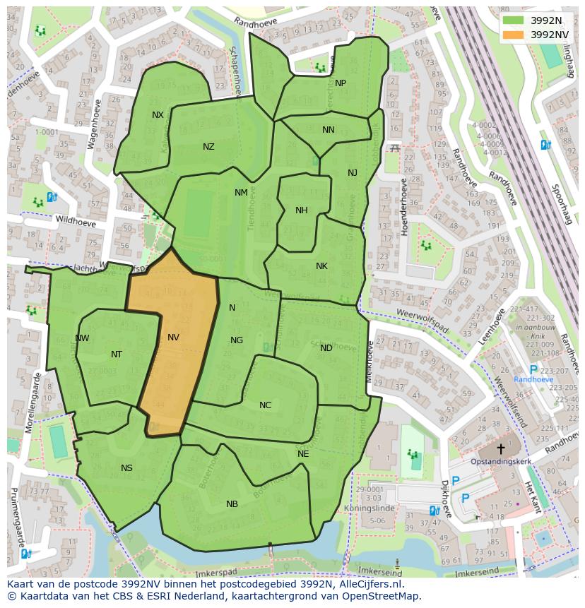 Afbeelding van het postcodegebied 3992 NV op de kaart.