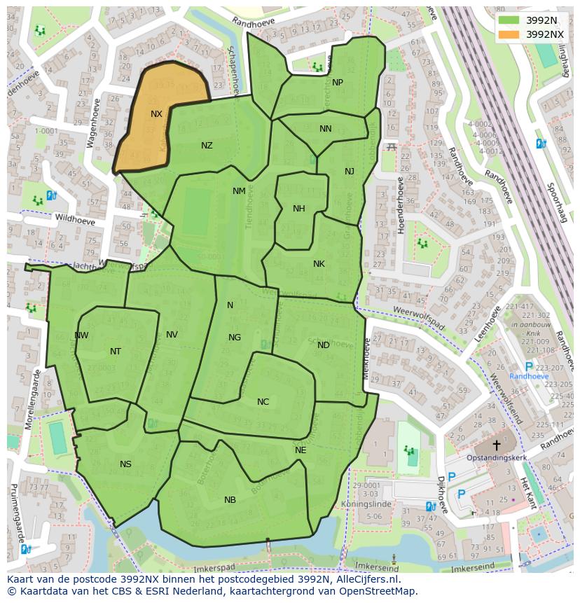 Afbeelding van het postcodegebied 3992 NX op de kaart.