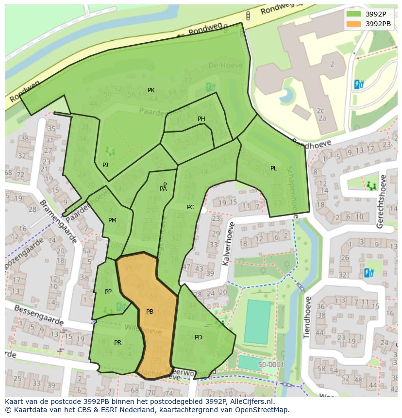 Afbeelding van het postcodegebied 3992 PB op de kaart.